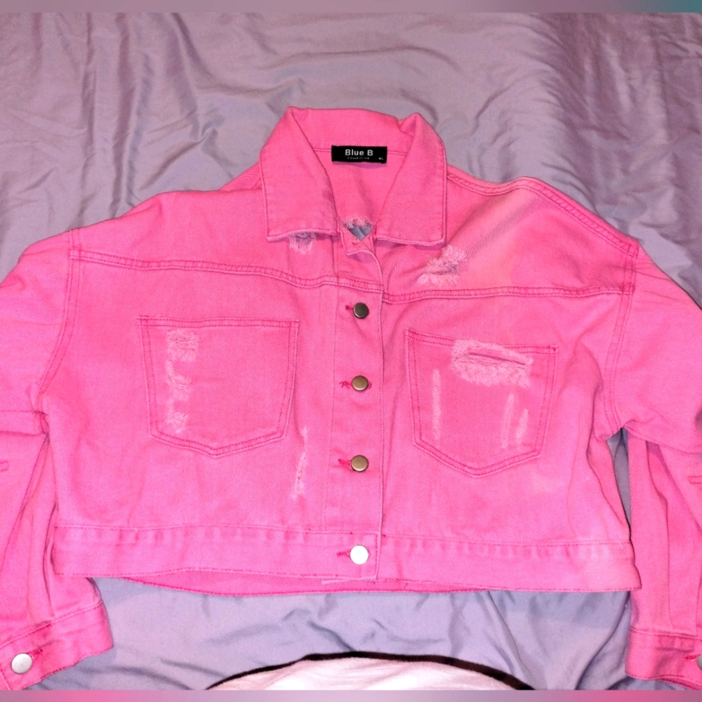 Rhinestone Fringe Pink Denim Jacket - Picture 6 of 7